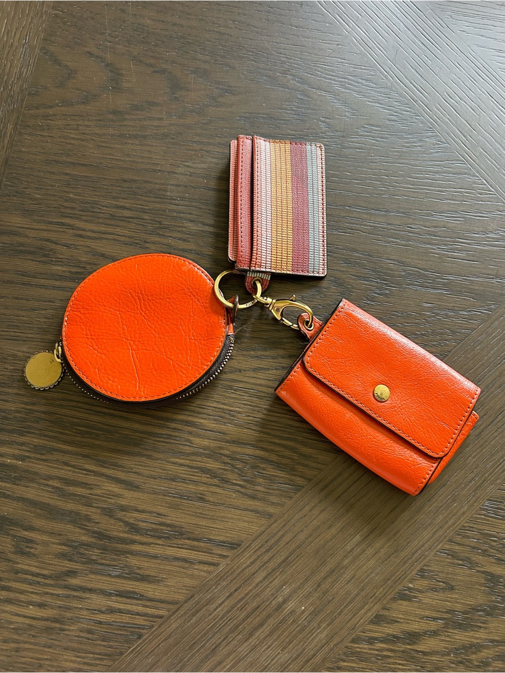 Fossil Orange Leather Key & Card Holder Trio with Striped Fabric Strap